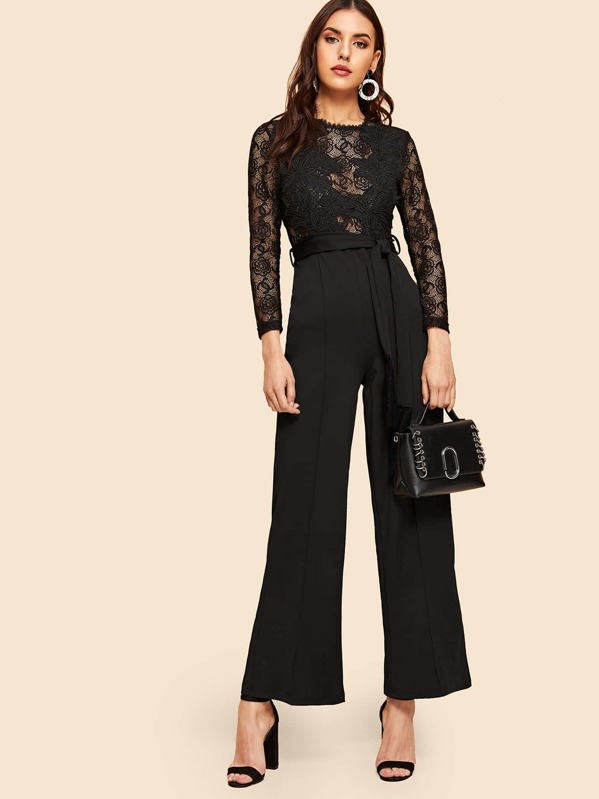 

Guipure Lace Panel Self Tie Wide Leg Jumpsuit, Black, Natalia