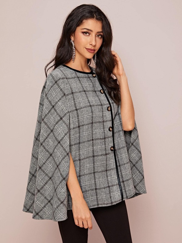 

Contrast Binding Button Front Plaid Cape Coat, Grey, Taina