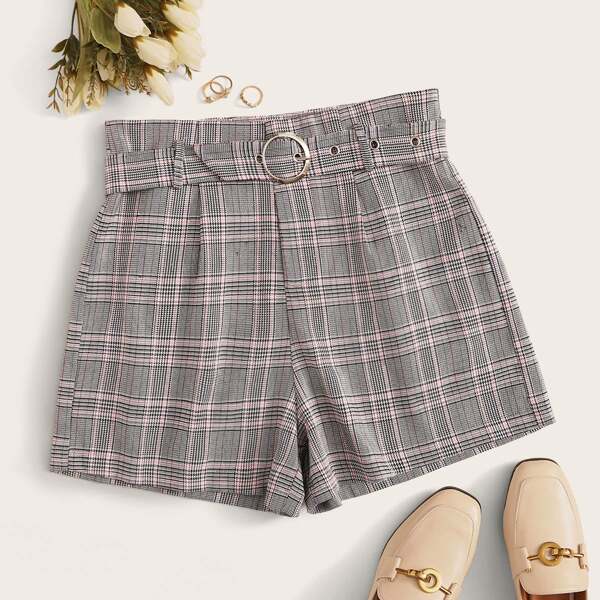 

Self Tie Plaid Pattern Shorts, Grey