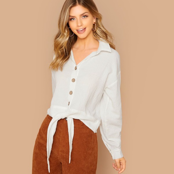 

Button Front Tie Hem Long Sleeve Shirt, White