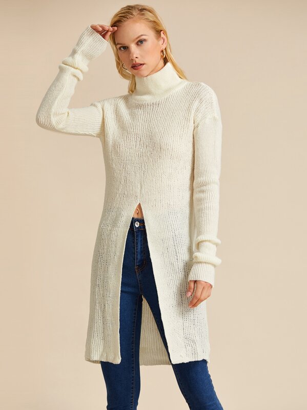 

High Neck Split Front Longline Sweater, White, Denisa