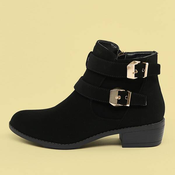 

Almond Toe Double Buckle Low Heel Booties, Black