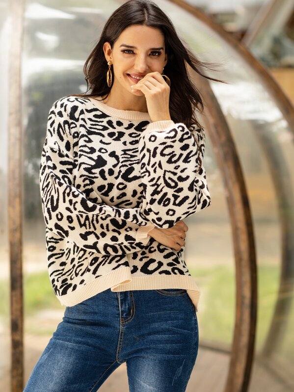 

Leopard Print Bishop Sleeve Sweater, Multicolor