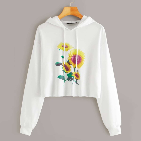 

Sunflower Print Crop Hoodie, White