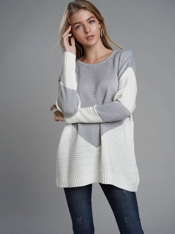 

Contrast Panel Ribbed Knit Sweater, Grey