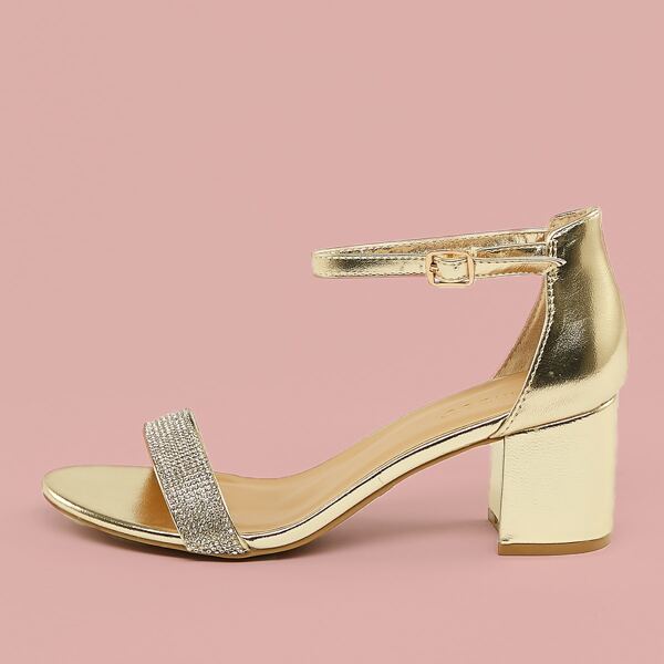 

Rhinestone Open Toe Low Heel Ankle Strap Sandals, Gold