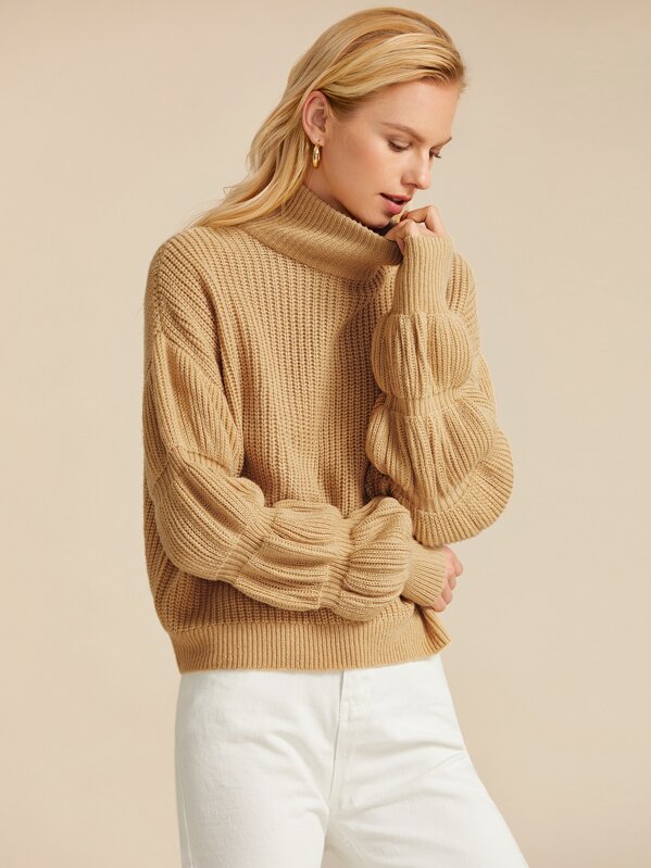 

High Neck Bishop Sleeve Ribbed Knit Sweater, Khaki, Denisa