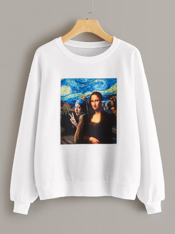 

Figure Print Drop Shoulder Sweatshirt, White