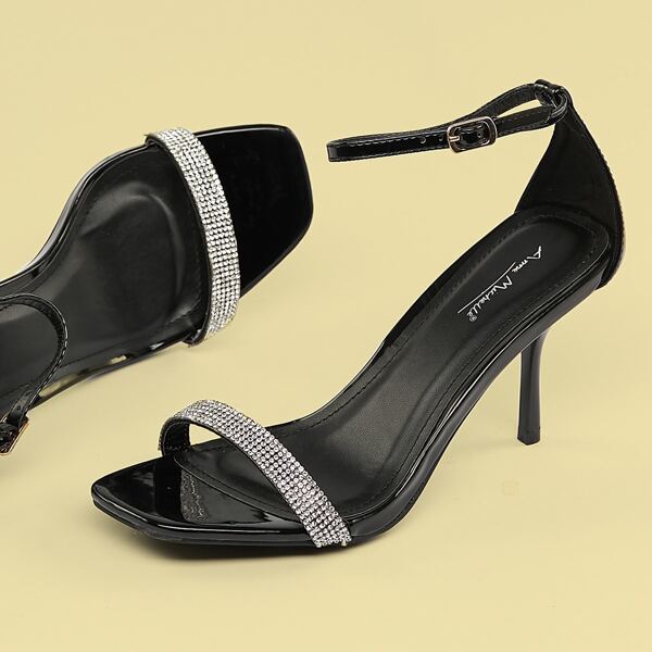 

Square Crystal Open Toe Ankle Strap Kitten Heels, Black
