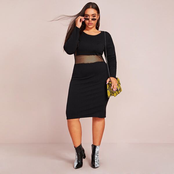 

Plus Fishnet Mesh Insert Bodycon Sweater Dress, Black