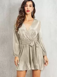 Surplice Neck Pleated Belted Dress - Beige - View 4