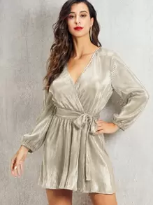 Surplice Neck Pleated Belted Dress - Beige - View 5