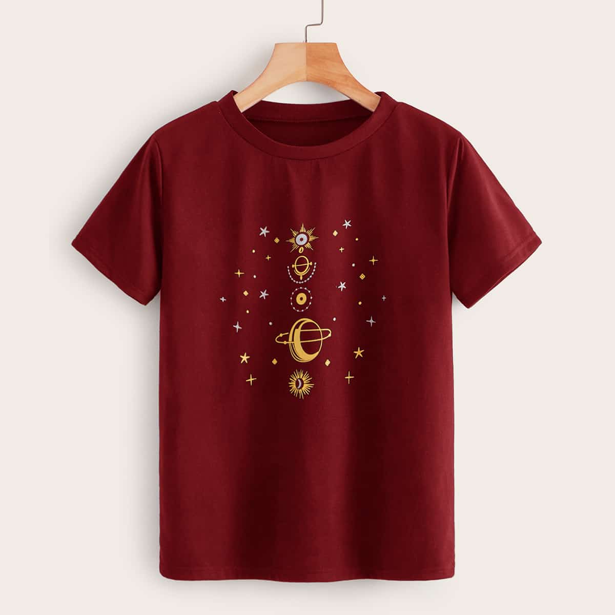 

Galaxy Print Round Neck Tee, Burgundy