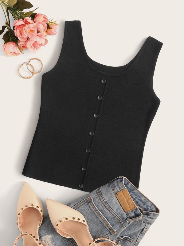 

Button Decoration Solid Knit Top, Black