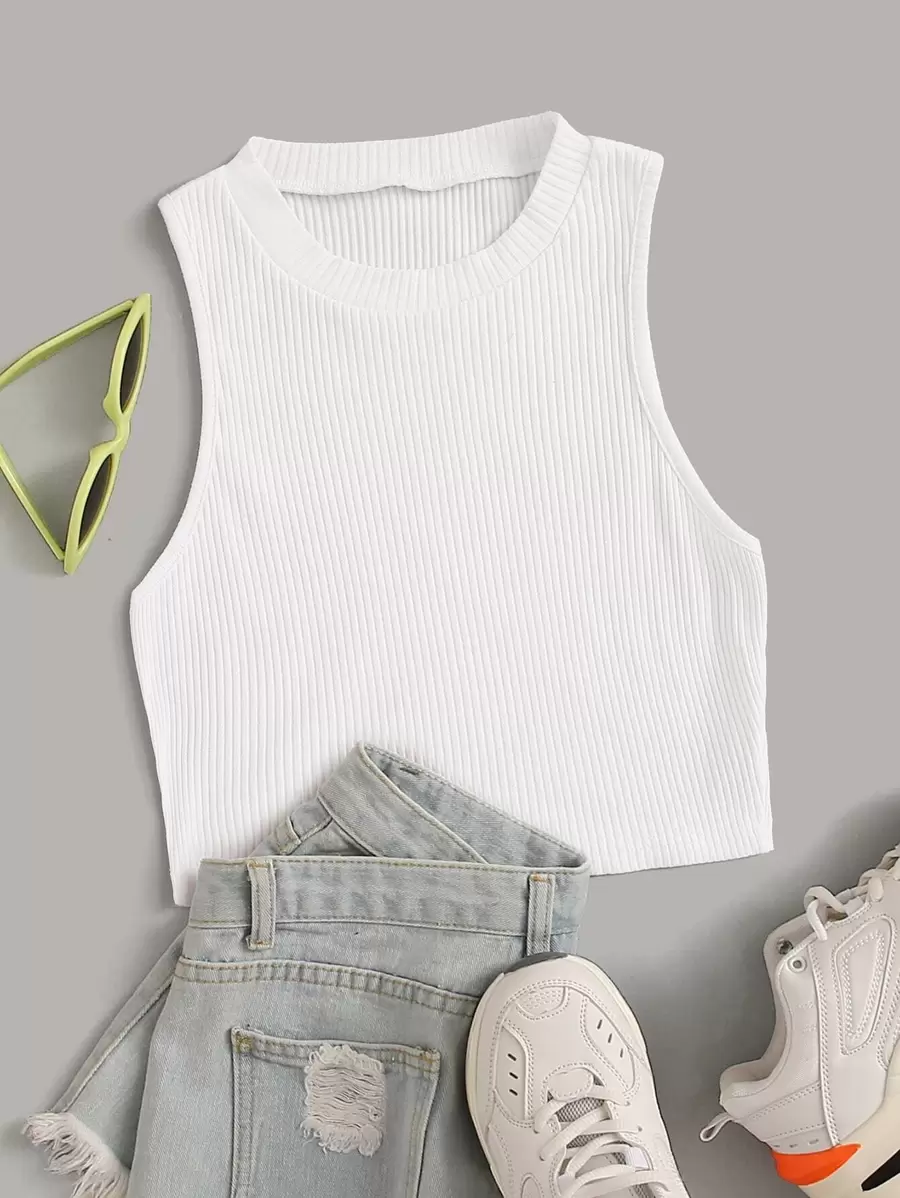 SHEIN Unity Top côtelé unicolore sans manches - Blanc - Voir 1