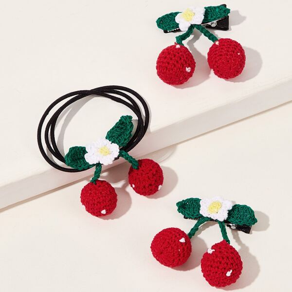 

3pcs Toddler Girls Cherry Design Hair Tie & Hair Clip