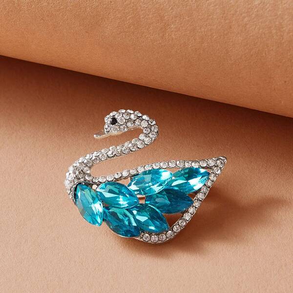 

1pc Gemstone Engraved Swan Design Brooch, Multicolor