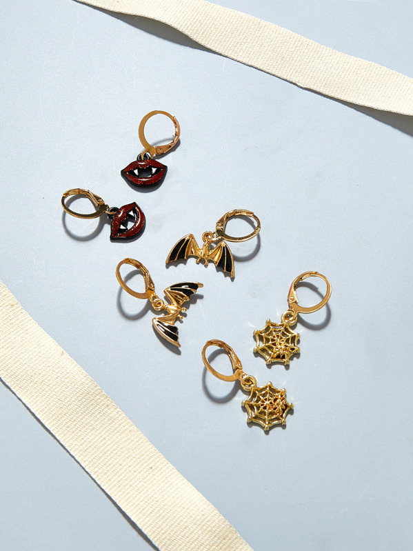 

3pairs Bat & Lips Design Drop Earrings, Multicolor