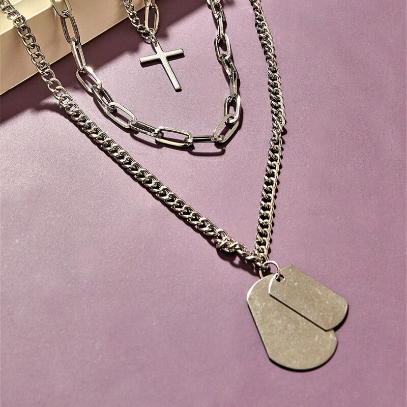 

1pc Cross Charm Layered Chain Necklace, Gold