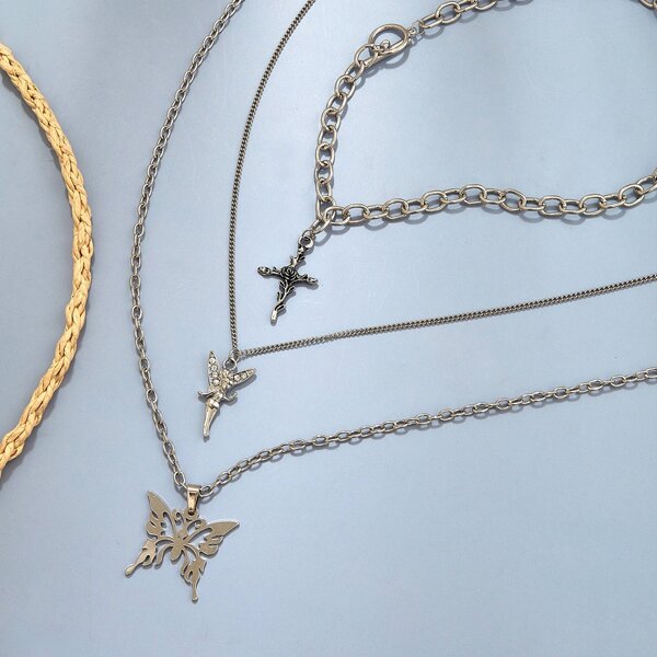

3pcs Cross & Butterfly Charm Chain Necklace, Silver