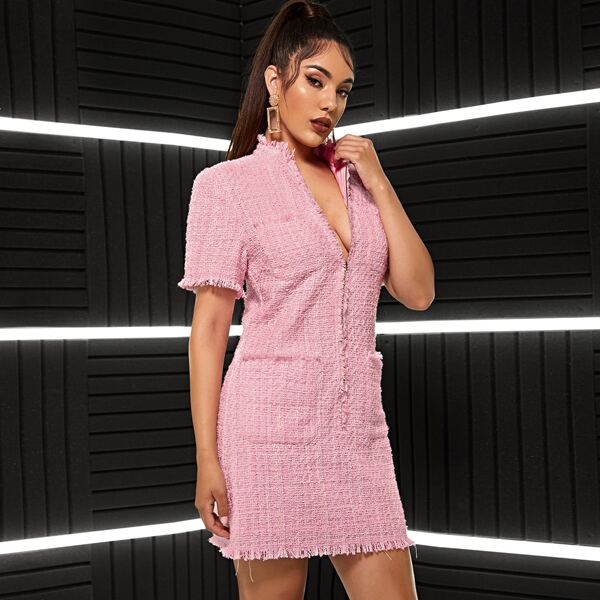 

Pocket Front Frayed Edge Zip Up Tweed Dress, Pink pastel