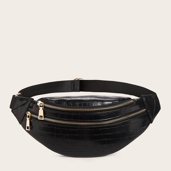 

Croc Embossed Zipper Front Fanny Pack, Black