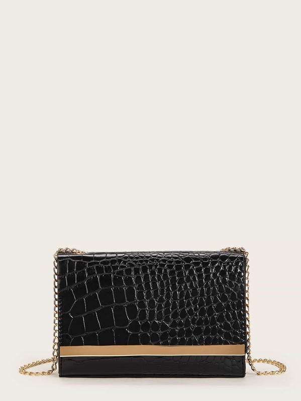 

Croc Embossed Chain Strap Crossbody Bag, Black