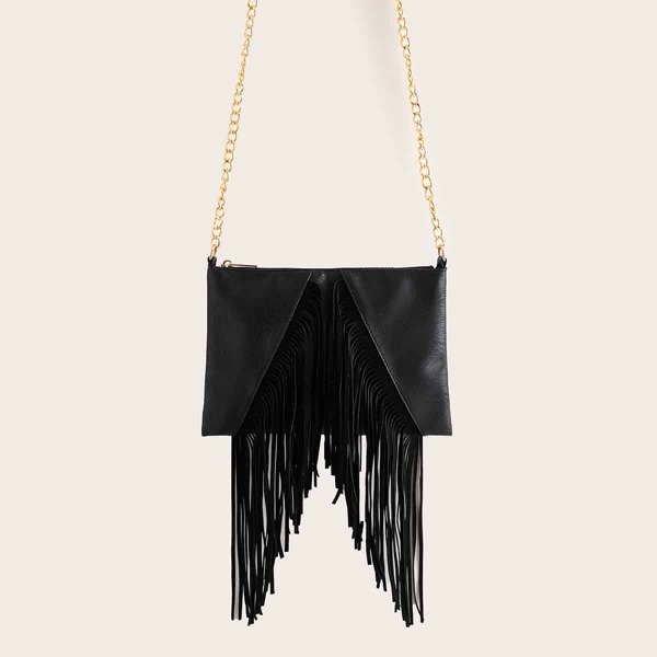 

Fringe Decor Chain Strap Bag, Black