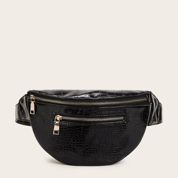 

Croc Embossed Zipper Front Fanny Pack, Black