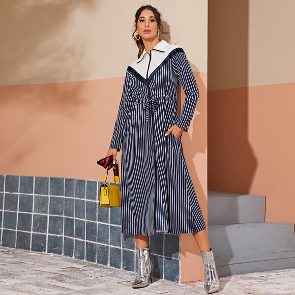 

Vertical Stripe Zip Up Drawstring Waist Dress, Navy