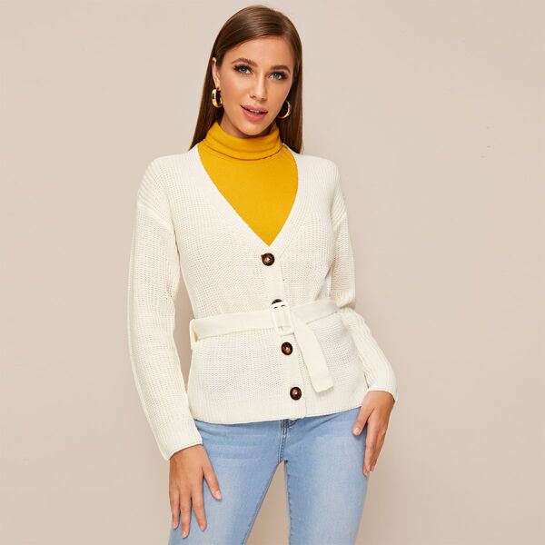 

Button Through V Neck Belted Cardigan, White
