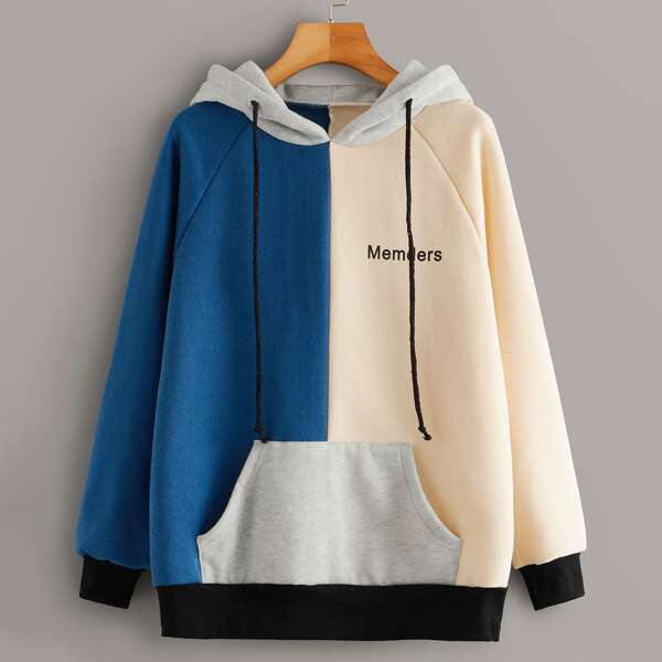 

Letter Graphic Color-block Pocket Hoodie, Multicolor