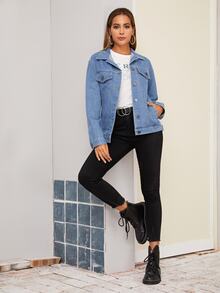 Button Front Pockets Boyfriend Denim Jacket - Light Wash - View 3