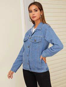 Button Front Pockets Boyfriend Denim Jacket - Light Wash - View 5