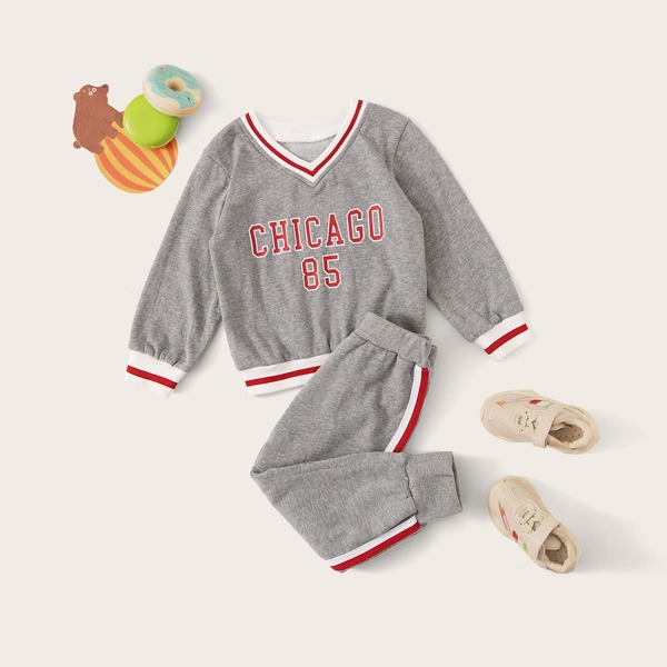 

Toddler Girls Letter Print Rib-knit Trim Sweatshirt With Sweatpants, Grey