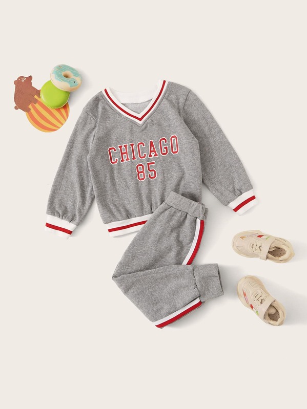 

Toddler Girls Letter Print Rib-knit Trim Sweatshirt With Sweatpants, Grey, Sofia B