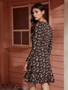Ditsy Floral Ruffle Hem Dress Without Belted - Black - View 2