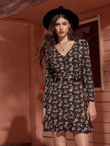 Ditsy Floral Ruffle Hem Dress Without Belted - Black - View 4
