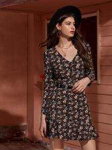 Ditsy Floral Ruffle Hem Dress Without Belted - Black - View 5