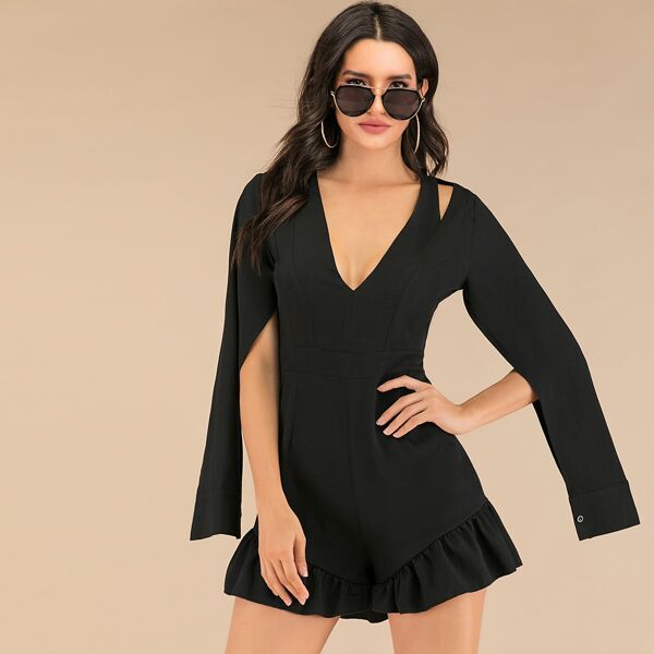 

Split Sleeve Ruffle Hem Slim Fit Romper, Black