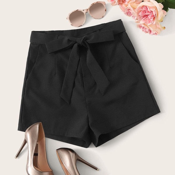

Solid Self Tie Slant Pocket Shorts