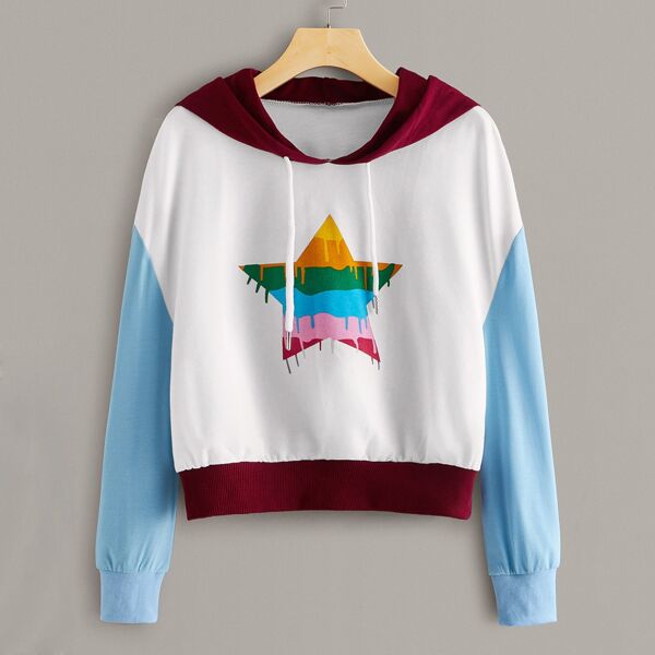 

Geo Print Colorblock Drawstring Hooded Sweatshirt