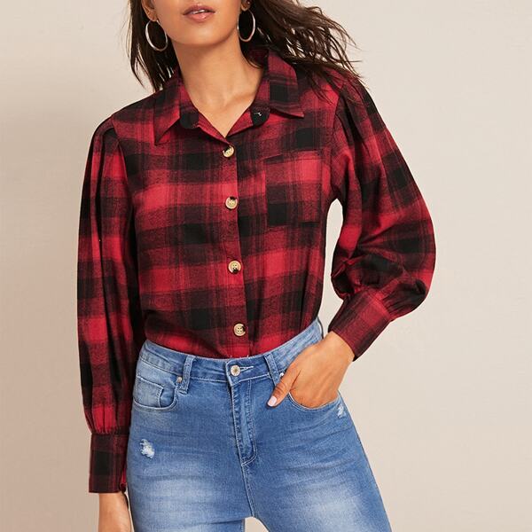 

Plaid Button Through Lantern Sleeve Blouse, Multicolor
