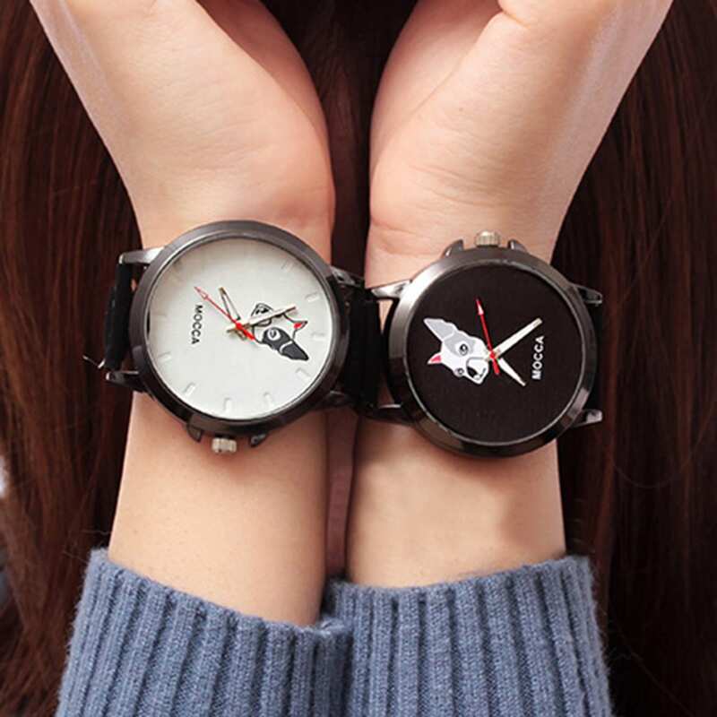 

2pcs Cartoon Dog Print Round Dial Couple Watch