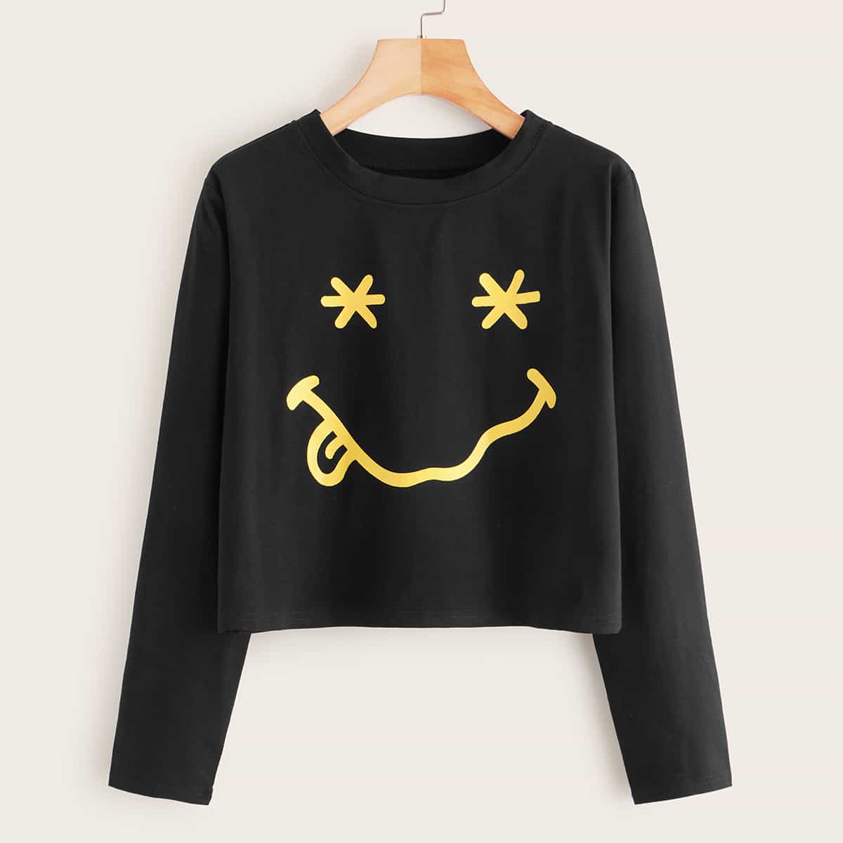 

Cartoon Print Crop Tee, Black