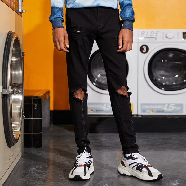 

Men Zip Hem Ripped Jeans, Black