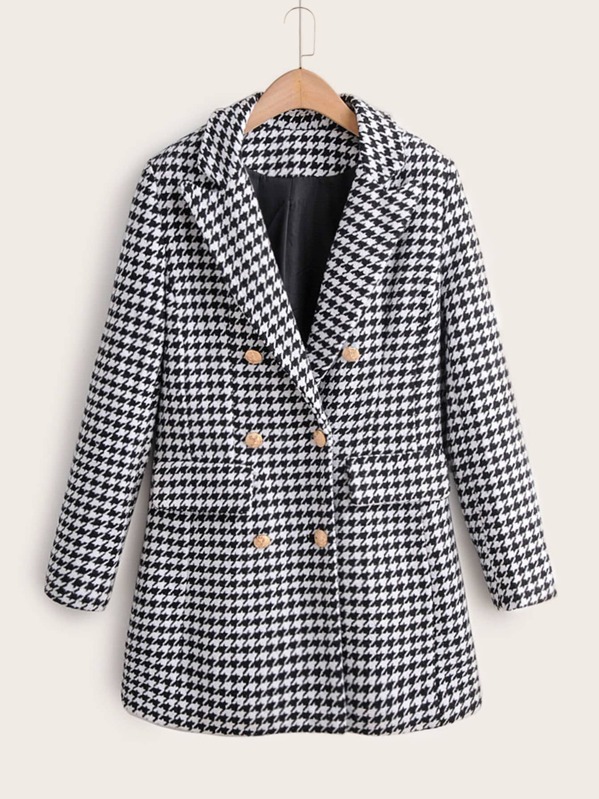 

Houndstooth Double Breasted Lapel Tweed Blazer, Black and white