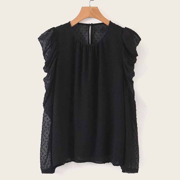 

Swiss Dot Ruffle Trim Chiffon Blouse