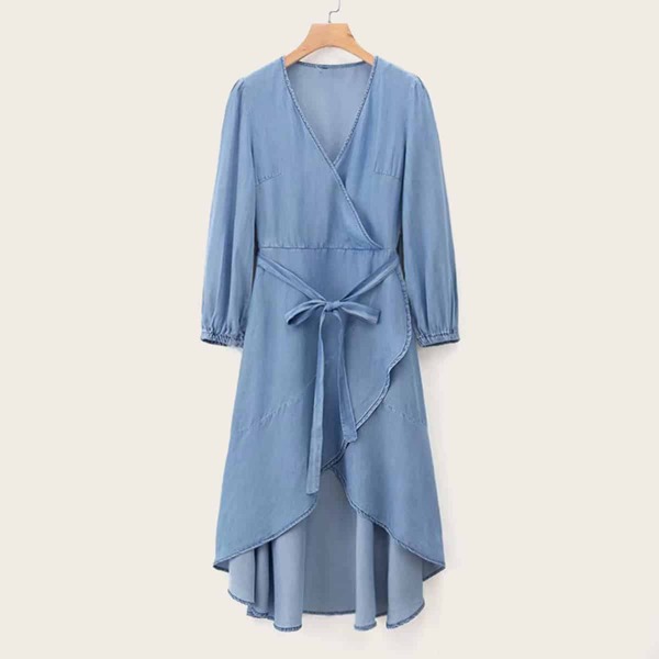 

Surplice Front Belted Wrap Denim Dress