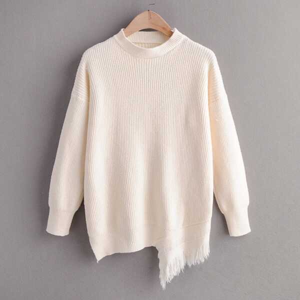 

Asymmetric Fringe Hem Ribbed Knit Jumper, Beige